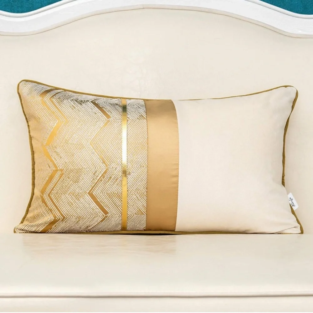 Luxury Home | Elegant Gold & Ivory Geo Design Color Blocked Lumbar Pillow Cover